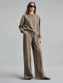 Ontre 2026春夏女装两件套，派对灰棕色，休闲运动通勤舒适款，情人节，优雅宽松版型，情人节穿搭，春夏，工作，办公室，职业女性，办公室服装，商务休闲女性，日常穿着，都市时尚，女式卫衣，女式上衣，女式运动裤，裤子，女式春夏套装，节日装扮，时尚百搭流行女装两件套 - 咖啡棕 - 查看 3