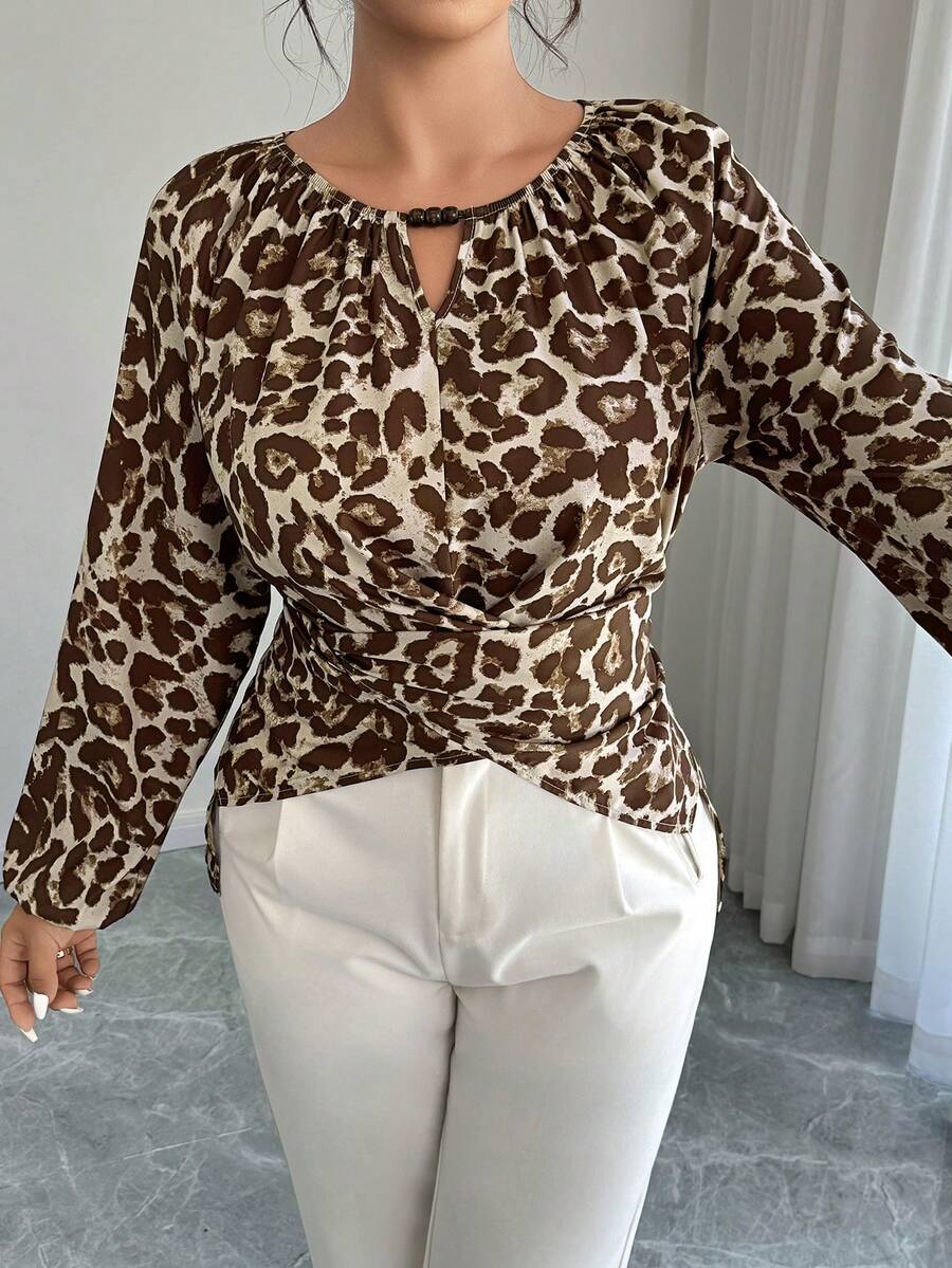 Elenzga Plus Size Women Leopard Print Wrap Elegant Shirt, Autumn/Winter - Multicolor - View 1
