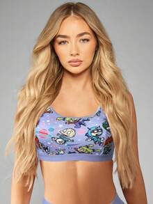Nick 90s | SHEIN Bộ áo ngực và quần lót liền thân họa tiết hoạt hình viền tương phản thoải mái dành cho nữ - Màu tím - Xem 3