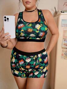 Nick 90s | SHEIN Conjunto de sujetador y pantie cuadrado con estampado total y ribete de contraste para mujer talla grande - Negro - Ver 4