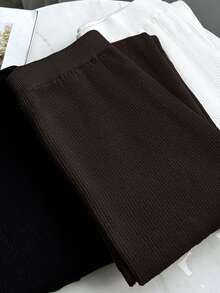 Franclia 女士高腰罗纹针织竖条纹喇叭裤，弹力修身九分裤，秋冬款 - 咖啡棕 - 查看 4