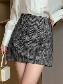 FRIFUL 女士加厚半身裙，秋冬季通勤时尚之选 - 黑與白 - 查看 2