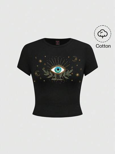 T-shirt noir pour femmes avec imprimé œil gothique mystérieux, soleil et lune