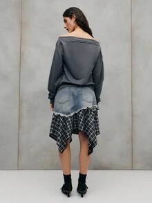 TypaGal Chic Denim Skirt With A Plaid Asymmetric Hem And Raw-Edge Detailing. A Modern Blend Of Textures That Adds Movement And Effortless - Medium Wash - View 2