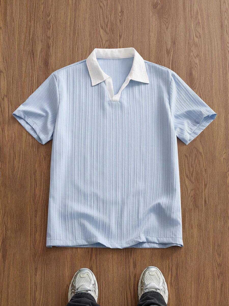 SWAVVY 男式编织休闲常规版型短袖 Polo 衫 - 藍色 - 查看 1