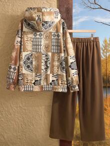 Rusticease Conjunto de 2 peças feminino plus size casual com capuz, composto por moletom e calça.