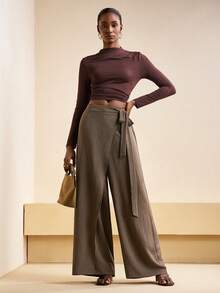 Zivah 2025秋冬季新年、情人节、派对、晚宴、约会、生日、学院风、学生装、日常穿着、百搭、休闲、邮轮旅行、潮流、优雅、通勤、商务休闲、简约、前片装饰、腰带、宽松阔腿裤、卡其色、女式长裤 - 卡其色 - 查看 4