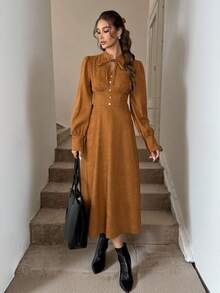 SHEIN LUNE Women's Long Khaki Dress, V-Neck Collar With Tie Front, Lantern Sleeves, Waist Cinched A-Line Skirt, Autumn/Winter