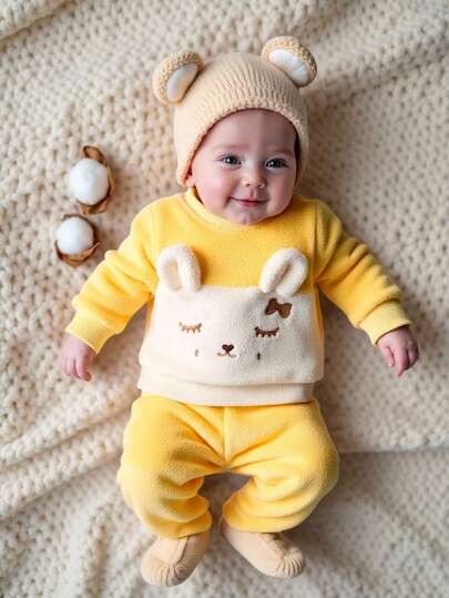 SHEIN Autumn/Winter New Outfit Baby 2 Pieces Set, Super Cute Khaki Cat & Bow Pattern, Fashionable Chic Flu2 Piecesiece Suit Baby Clothes Set