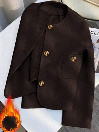 Franclia Casaco elegante de manga comprida, gola redonda, cor sólida, com bolsos e abertura frontal, ideal para outono/inverno.