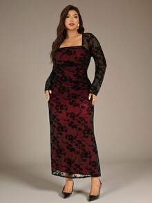 Auralis 女士秋冬新款天鹅绒提花镂空网眼浪漫约会度假长袖蕾丝长裙/褶饰紧身修身喇叭裙大码连衣裙/黑红深色优雅礼服 - 彩色 - 查看 5