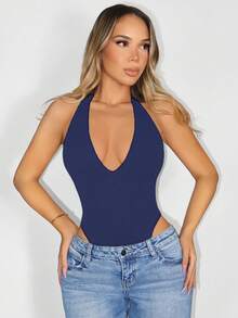 Sirith Women's Solid Color Sexy Seamless Knitted Deep V-Neck Halter Bodysuit Backless Style - Royal Blue - View 4
