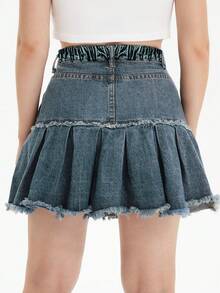 SHEIN Unity Plus Size Casual Washed Frayed Pleated Denim Skirt - Blue - View 2