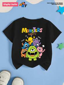 Young Boy Monster Family Cartoon Print Short Sleeve T-Shirt - Black - View 8
