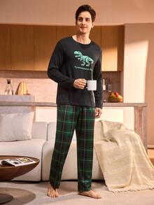 Manfinity Underwear&Sleepwear Basics Plus Size Men's Dinosaur Print Top And Plaid Pants Pajama Set - Green - View 1
