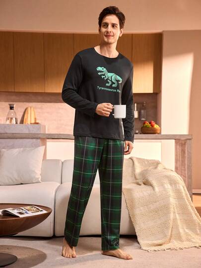 Manfinity Underwear&Sleepwear Basics Plus Size Men's Dinosaur Print Top And Plaid Pants Pajama Set