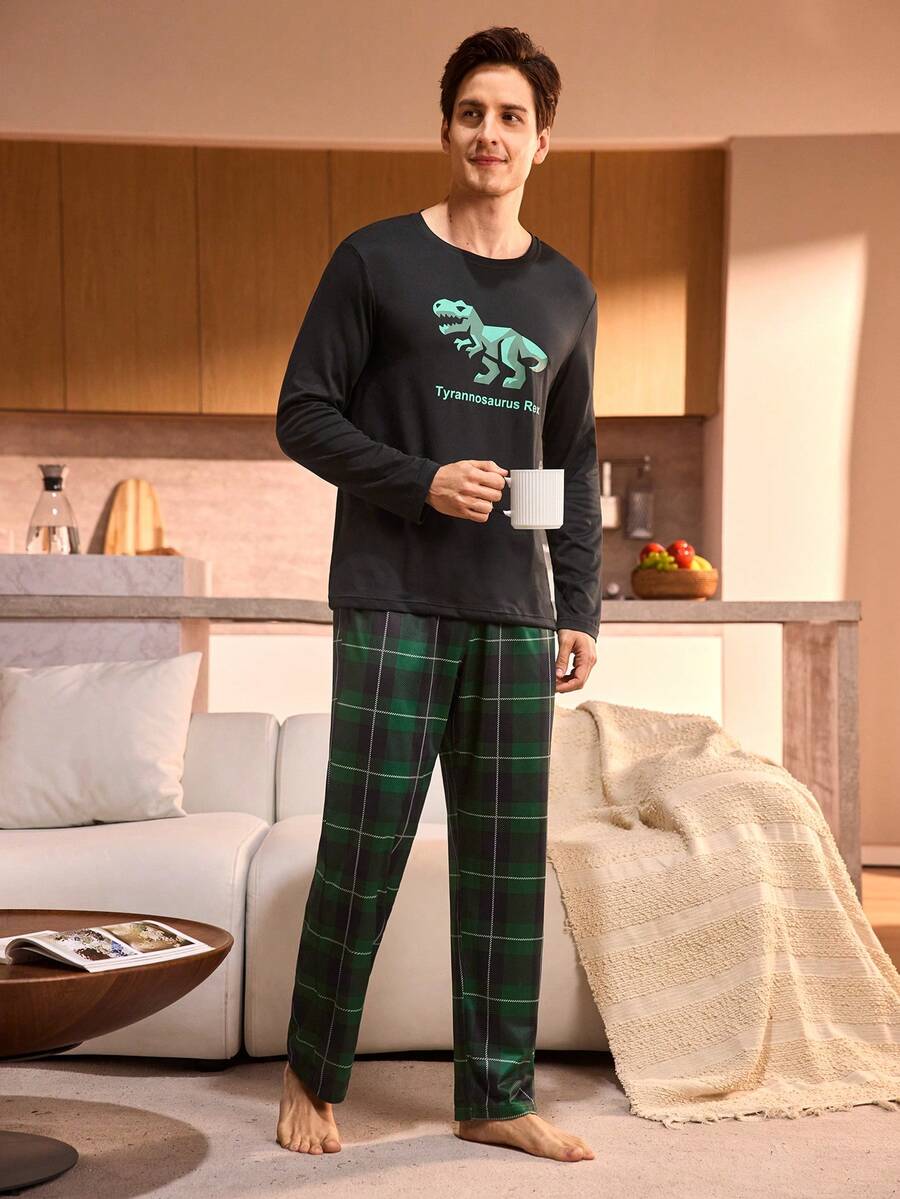 Manfinity Underwear&Sleepwear Basics Plus Size Men's Dinosaur Print Top And Plaid Pants Pajama Set - Green - View 1