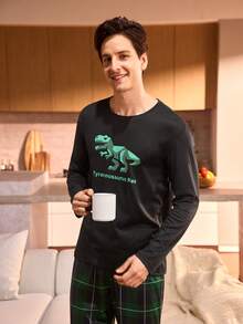 Manfinity Underwear&Sleepwear Basics Plus Size Men's Dinosaur Print Top And Plaid Pants Pajama Set - Green - View 5