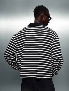PLAYBOY X SUMWON Regular Fit Long Sleeve Horizontal Striped Polo Shirt With Collar For Casual Work Office Business Classic Menswear Style - Black and White - View 5