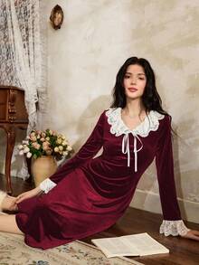 Côtesoire 女士法式优雅浪漫撞色蕾丝荷叶边天鹅绒睡袍，冬季 - 酒紅色 - 查看 4