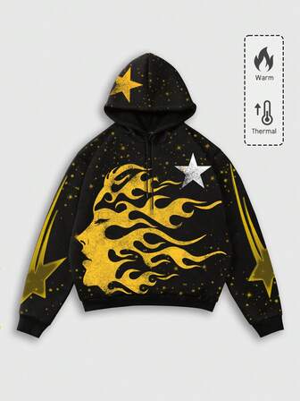 Street Life Men's Autumn Punk Pentagram & Figure Print Long Sleeve Drawstring Casual Hoodie Sweatshirt