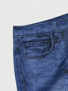 ROMWE MEN Street Life Quần jean denim xanh in họa tiết cổ điển cạp cao thời trang dành cho nam - Màu xanh lam - Xem 4