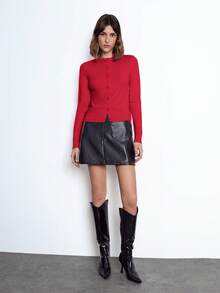 Maija Women's Elegant Solid Color Round Neck Button Long Sleeve Casual Cardigan, Versatile And Practical, Suitable For Daily Wear, Business Casual Occasions, Knitted Cardigan St Patrick's Day Women Easter Summer Easter Women Party Top Beach Summer Holiday Beach Vacation Summer Going Out Graduation - Red - View 3