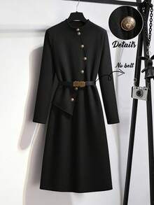 GlowEve Women's Elegant Knit Metal Decor Waist Cinched Round Neck Mid-Length Dress, Autumn/Winter - Black - View 1