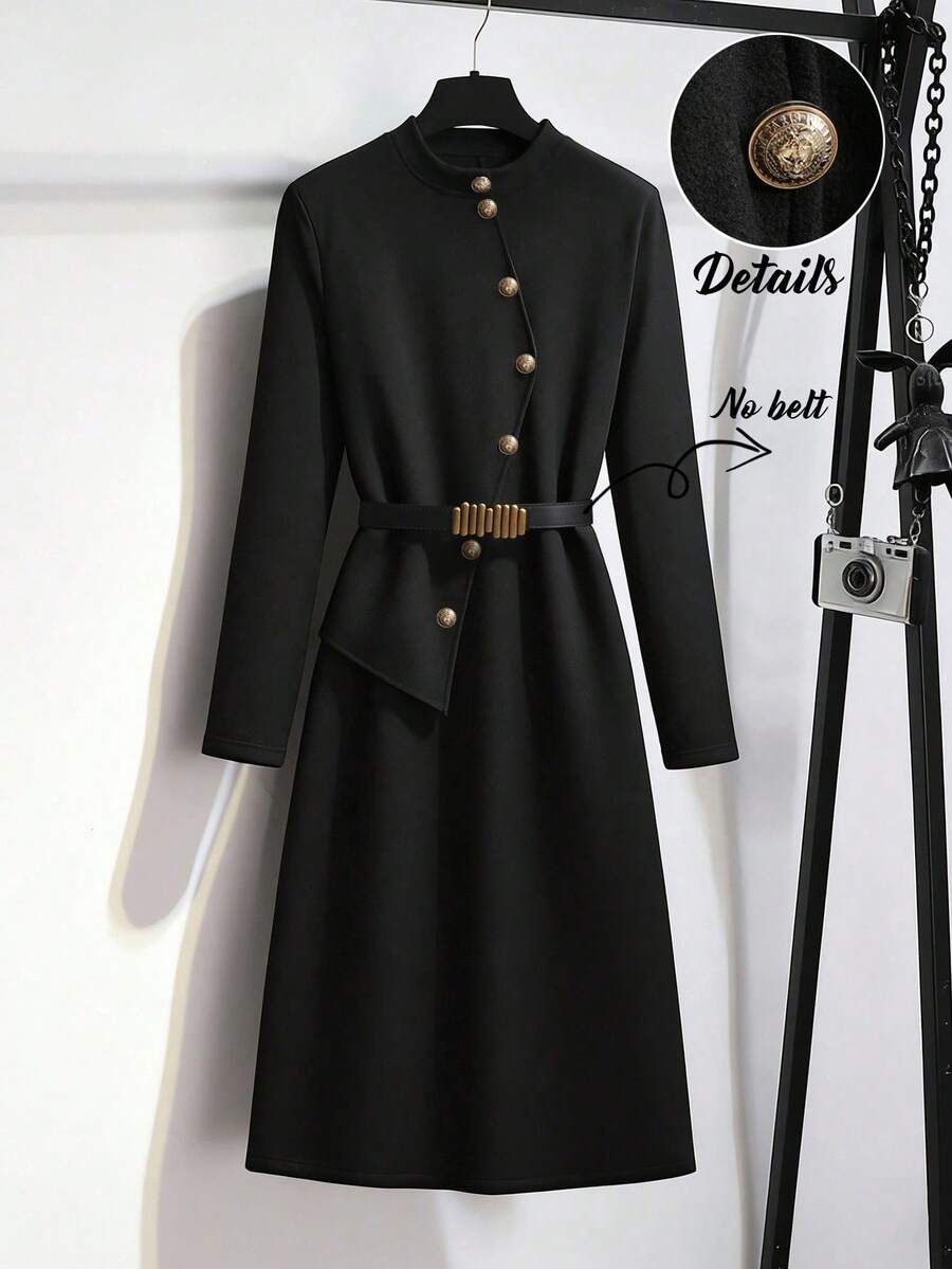 GlowEve Women's Elegant Knit Metal Decor Waist Cinched Round Neck Mid-Length Dress, Autumn/Winter - Black - View 1