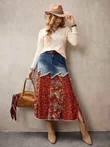 EMERY ROSE 女士碎花拼接毛边侧开衩休闲牛仔裙 - 藍色 - 查看 7