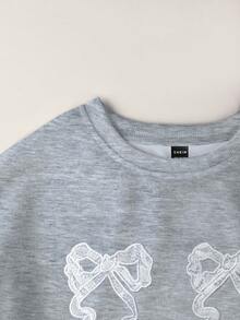 SHEIN Women's Bow Embroidery Contrast Color Patchwork Sweatshirt - Light Grey - View 3