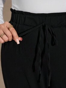 SHEIN LUNE Plus Size Women's Solid Color Ruffle Waist Tie Casual Jogger Pants