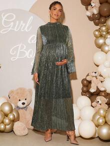 Loomaby 孕妇立领喇叭袖优雅连衣裙 - 橄欖綠 - 查看 4