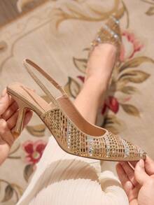 CUCCOO TILAWA Sandalias de tacón alto con tira de tobillo, puntera abierta, transparentes de PVC con rhinestones en color nude, adecuadas para ir al trabajo, citas y fiestas - Champán - Ver 1