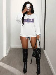 BamGleam Los Angeles" Graphic Comfortable Vacation Chic Sexy Relaxed Fit Women Long Sleeve Sweatshirt Top - White - View 5