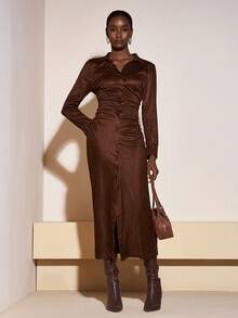 Zivah 2025秋季新款翻领长袖连衣裙，纽扣袖口，修身H型剪裁，开衩，棕色，夏季长裙，初秋连衣裙，女士连衣裙 - 棕色 - 查看 7