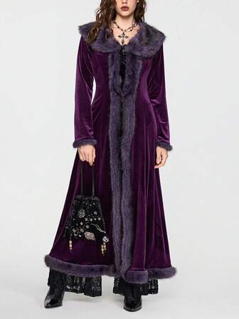 Hippie Abrigo largo de mujer de talla grande con estilo de bruja vintage de noche oscura y misteriosa, de patchwork de felpa, de apertura frontal, de color púrpura y de longitud maxi