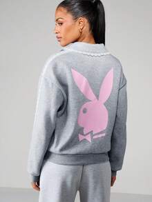 Missguided x Playboy Logo Heathered Sweatshirt With Lace Trim And Centre Pocket Pullover Top - Grey - View 2