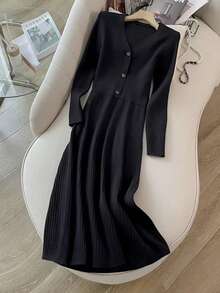 GlowEve Women's Simple V-Neck Fitted Long Dress, Solid Color, Suitable For Daily Commute, Spring/Autumn