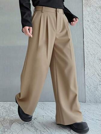 Manfinity Roghcode Men's Solid Color Pleated Wide Leg Loose Casual Pants, Fall