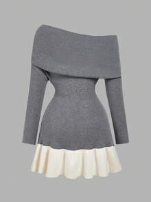 SHEIN MOD Váy len hoa trễ vai cho nữ, màu xám - Màu xám đen - Xem 2