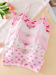 5件套少女简约花卉、樱桃、蝴蝶结印花甜美文胸，带可拆卸胸垫