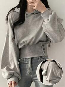 INAWLY بلوزة كاجوال مع غطاء للرأس، أكمام طويلة، خصر بسحاب، لون أحادي للنساء - رمادي - مشاهدة 1