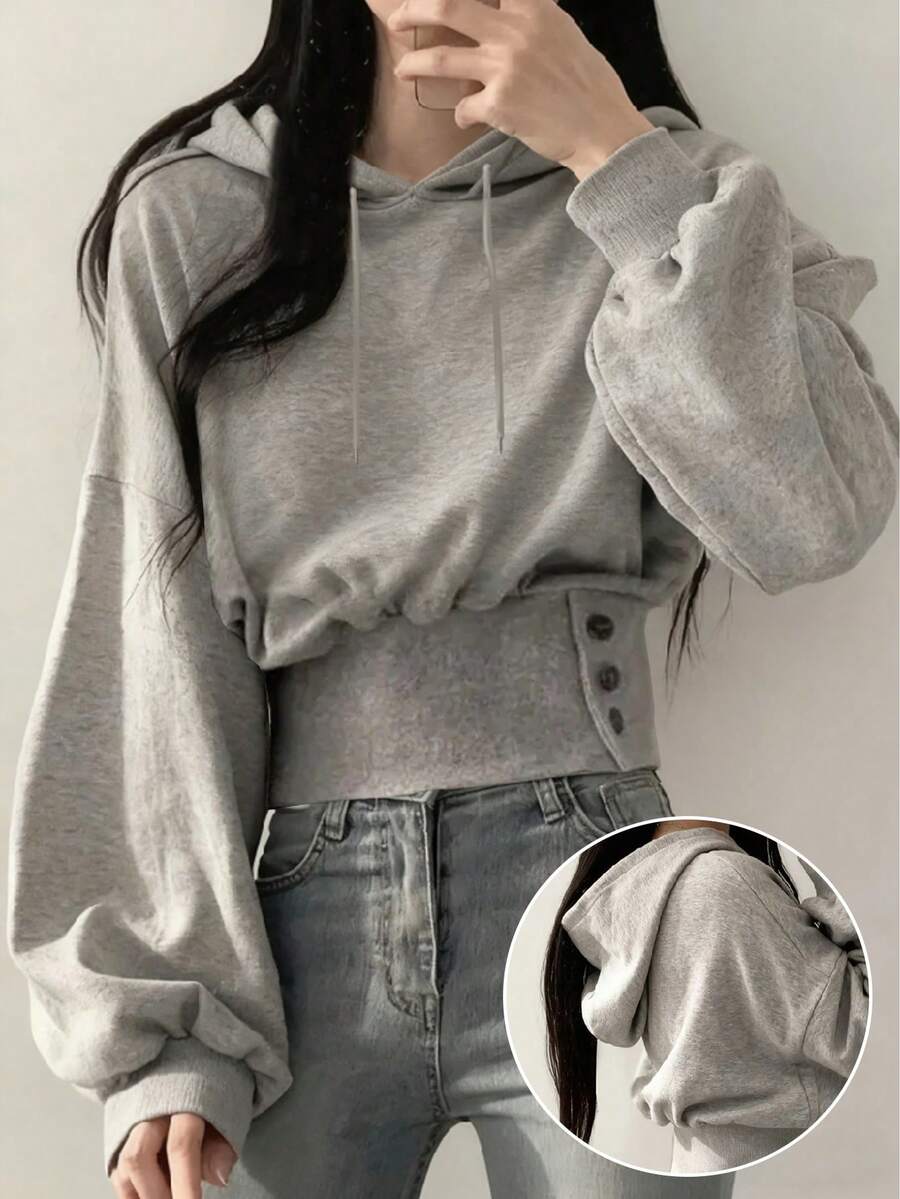 INAWLY بلوزة كاجوال مع غطاء للرأس، أكمام طويلة، خصر بسحاب، لون أحادي للنساء - رمادي - مشاهدة 1