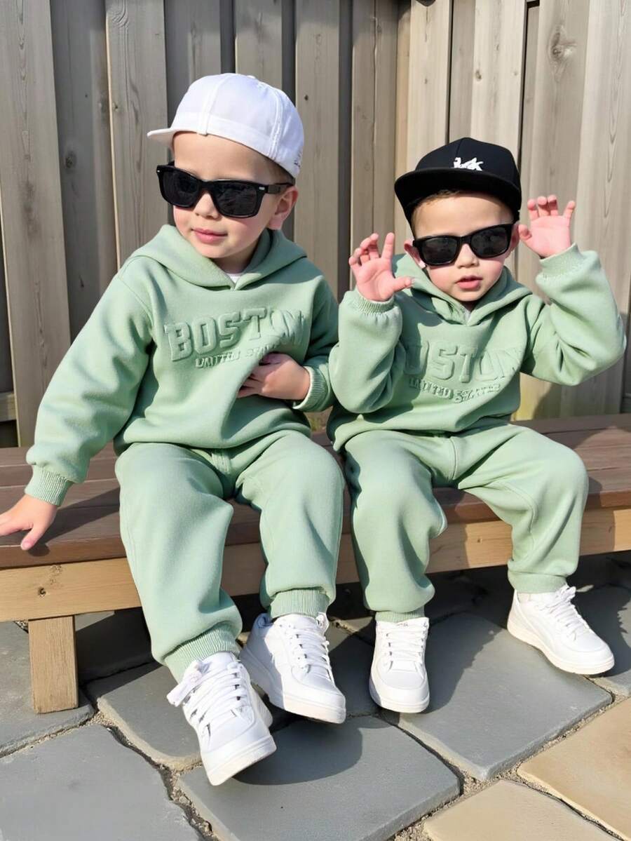 Baby Boy Letter Embossed Long Sleeve Hoodie And Sweatpants Casual Outfit