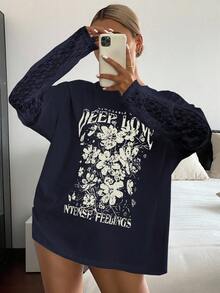 DAZY 女士撞色蕾丝字母印花宽松休闲夏季上衣T恤 - 藏蓝色 - 查看 1