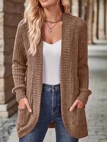 SHEIN LUNE Chaqueta ligera de mujer casual con bolsillos laterales, de punto acanalado y con forro suave, de apertura frontal - Caqui - Ver 5