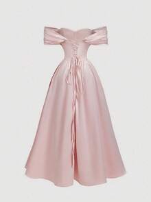 SHEIN MOD Off-The-Shoulder Tie-Waist Midi Dress, Light Pink,Dresses For Women Elegant,Valentine Outfits - Baby Pink - View 2