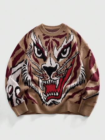 Men's Crew Neck Animal Tiger Jacquard Knit Sweater, Street Fashion