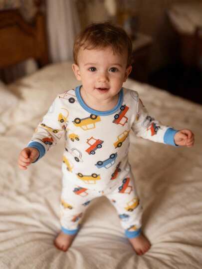 2pieces Babu/Toddler Boys Snug Fit Soft Ribbed Knit Cartoon Car Print Cute  Long Sleeve Top & Pants/Leggings Essentials  Pajamas/Outfit ,Cozy Fall & Winter Styles Clothes ,Best Christmas Gifts For Kids ,Comfortable And Soft Lingerie Sets Newborn Baby Boy Car Print Romper